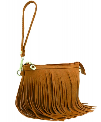 Small Fringe Crossbody Bag with Wrist Strap E091PP MUSTARD